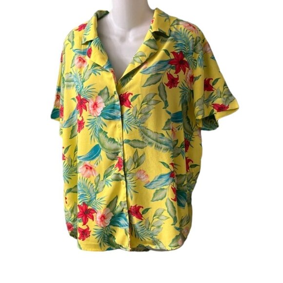 Forever 21 Womens Yellow Floral Short Sleeve Button-Down Hawaiian Shirt Large - Picture 4 of 12